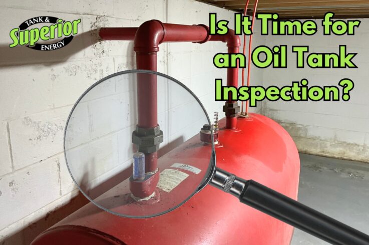 an oil tank in a basement in a Bucks County, PA home overlaid with a magnifying glass, representing an inspection