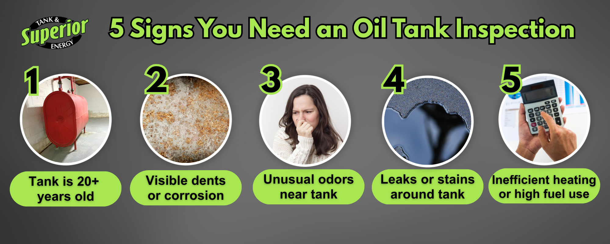 infographic showing 5 Signs that you might need your oil tank inspected